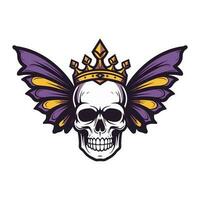 skull with butterfly wings and crown illustration hand drawn logo design vector