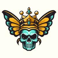 skull with butterfly wings and crown illustration hand drawn logo design vector