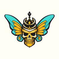 cráneo con mariposa alas y corona ilustración mano dibujado logo diseño vector