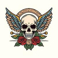 skull wings and flower illustration hand drawn logo design vector