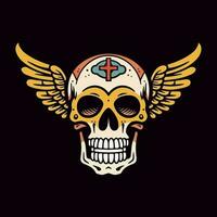 skull wings illustration hand drawn logo design vector