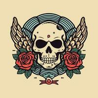 skull wings and flower illustration hand drawn logo design vector