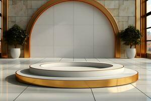 Pedestals product display showcase geometrical shapes for presentation with leaves photo