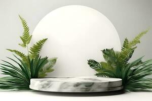 Pedestals product display showcase geometrical shapes for presentation with leaves photo