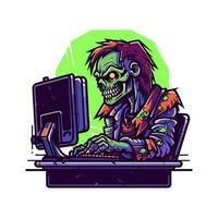 Undead gamer lost in virtual reality. Unique logo design featuring a zombie and a PC monitor vector