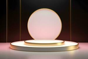 abstract minimalist geometric neon background, simple showcase scene with white hemisphere and golden ring, gold round frame and liquid floor with reflection. Podium for product presentation photo