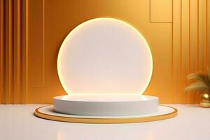 abstract minimalist geometric neon background, simple showcase scene with white hemisphere and golden ring, gold round frame and liquid floor with reflection. Podium for product presentation photo