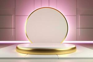 abstract minimalist geometric neon background, simple showcase scene with white hemisphere and golden ring, gold round frame and liquid floor with reflection. Podium for product presentation photo