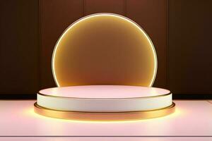 abstract minimalist geometric neon background, simple showcase scene with white hemisphere and golden ring, gold round frame and liquid floor with reflection. Podium for product presentation photo