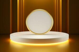 abstract minimalist geometric neon background, simple showcase scene with white hemisphere and golden ring, gold round frame and liquid floor with reflection. Podium for product presentation photo