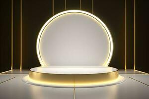 abstract minimalist geometric neon background, simple showcase scene with white hemisphere and golden ring, gold round frame and liquid floor with reflection. Podium for product presentation photo