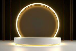 abstract minimalist geometric neon background, simple showcase scene with white hemisphere and golden ring, gold round frame and liquid floor with reflection. Podium for product presentation photo