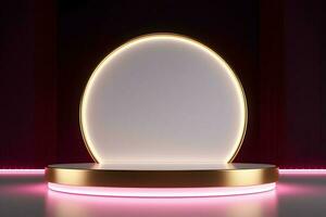 abstract minimalist geometric neon background, simple showcase scene with white hemisphere and golden ring, gold round frame and liquid floor with reflection. Podium for product presentation photo