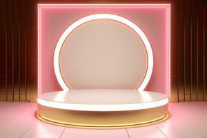 abstract minimalist geometric neon background, simple showcase scene with white hemisphere and golden ring, gold round frame and liquid floor with reflection. Podium for product presentation photo
