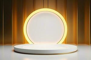 abstract minimalist geometric neon background, simple showcase scene with white hemisphere and golden ring, gold round frame and liquid floor with reflection. Podium for product presentation photo