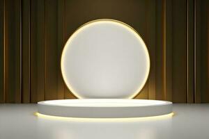abstract minimalist geometric neon background, simple showcase scene with white hemisphere and golden ring, gold round frame and liquid floor with reflection. Podium for product presentation photo