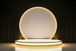 abstract minimalist geometric neon background, simple showcase scene with white hemisphere and golden ring, gold round frame and liquid floor with reflection. Podium for product presentation photo