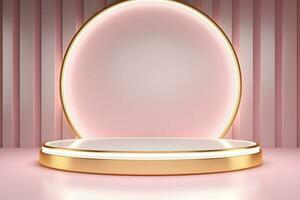 abstract minimalist geometric neon background, simple showcase scene with white hemisphere and golden ring, gold round frame and liquid floor with reflection. Podium for product presentation photo