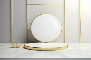 abstract minimalist geometric neon background, simple showcase scene with white hemisphere and golden ring, gold round frame and liquid floor with reflection. Podium for product presentation photo