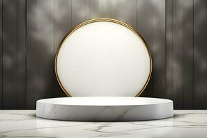 abstract minimalist geometric neon background, simple showcase scene with white hemisphere and golden ring, gold round frame and liquid floor with reflection. Podium for product presentation photo