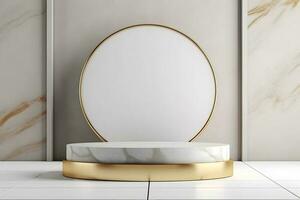 abstract minimalist geometric neon background, simple showcase scene with white hemisphere and golden ring, gold round frame and liquid floor with reflection. Podium for product presentation photo