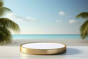 abstract minimalist geometric neon background, simple showcase scene with white hemisphere and golden ring, gold round frame and liquid floor with reflection. Podium for product presentation photo