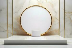 abstract minimalist geometric neon background, simple showcase scene with white hemisphere and golden ring, gold round frame and liquid floor with reflection. Podium for product presentation photo
