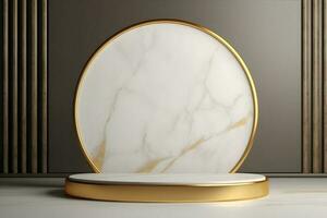 abstract minimalist geometric neon background, simple showcase scene with white hemisphere and golden ring, gold round frame and liquid floor with reflection. Podium for product presentation photo