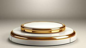 abstract minimalist geometric neon background, simple showcase scene with white hemisphere and golden ring, gold round frame and liquid floor with reflection. Podium for product presentation photo