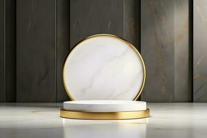 abstract minimalist geometric neon background, simple showcase scene with white hemisphere and golden ring, gold round frame and liquid floor with reflection. Podium for product presentation photo