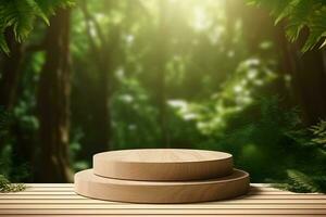 simple wood product display podium for cosmetic product with green nature garden background photo