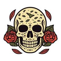 skull head surrounded by flowers and leaves illustration vector