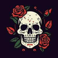 skull head surrounded by flowers and leaves illustration vector