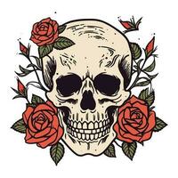 A captivating skull head embraced by a mesmerizing bouquet of flowers and leaves, an enchanting blend of life and death in one striking illustration vector