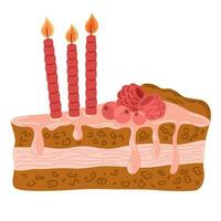 Slice of birthday cake with candle. Happy Birthday greeting card design with hand drawn doodles. Vector Illustration