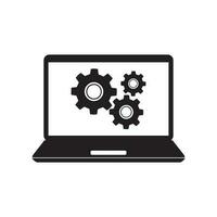 Technical support icon. Computer service. Gears screen laptop. Isolated vector illustration in flat style.