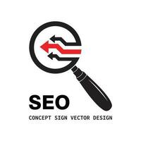 SEO - Search Engine Optimization - vector logo template concept illustration. Business solution. Abstract electronic technology creative sign. Magnifier sign. Lens icon. Arrows sign. Design element.