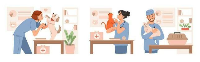 Veterinary doctors examining and cure pets in veterinarian office. Pets in a veterinary clinic. Flat vector illustration.