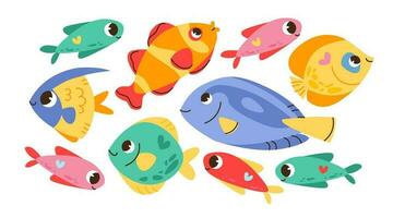 linda mar pez. mar vida. submarino mundo. dibujos animados vector caracteres con sonriente caras.