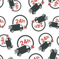 Delivery truck 24h seamless pattern background. Business flat vector illustration. 24 hours fast delivery service shipping sign symbol pattern.