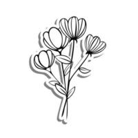 Black line Little Bouquet on white silhouette and gray shadow. Hand drawn cartoon style. Vector illustration for decorate, coloring and any design.