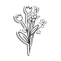 negro línea pequeño ramo de flores en blanco silueta y gris sombra. mano dibujado dibujos animados estilo. vector ilustración para Decorar, colorante y ninguna diseño.