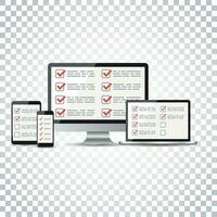 en línea encuesta, Lista de Verificación colocar. tableta, computadora, móvil blanco pantalla. realimentación negocio concepto. plano vector ilustración para sitio web, móvil aplicación sencillo pictograma