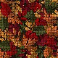 Pattern with overlapping colorful autumn leaves. Pixel retro effect. Dense composition with overlapping elements. Good for clothing, fabric, textile, surface design design. vector