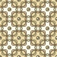 Seamless geometric chain pattern with intricate overlapping squares on white background. Gold and copper chains, beads Vector Illustration.