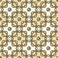 Seamless geometric chain pattern with intricate overlapping squares on white background. Gold and copper chains, beads Vector Illustration.