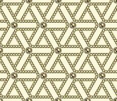 Abstract geometric pattern with hexagons, golden realistic jewelry chains, beads on beige background. Vintage geometric backdrop. Classic elegance design. vector