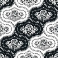 Seamless black and white damask pattern with chains, beads, bouquet of contour roses. Diagonal composition. Classic geometric vintage background. Vector