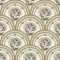 Seamless beige pattern with squama shaped grid, gold chains, outine roses. Classic geometric vintage background. Vector