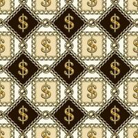 Seamless pattern with gold dollar sign in squares, rhombuses of gold chains, beads. Vertical lined up elements on a beige background. vector